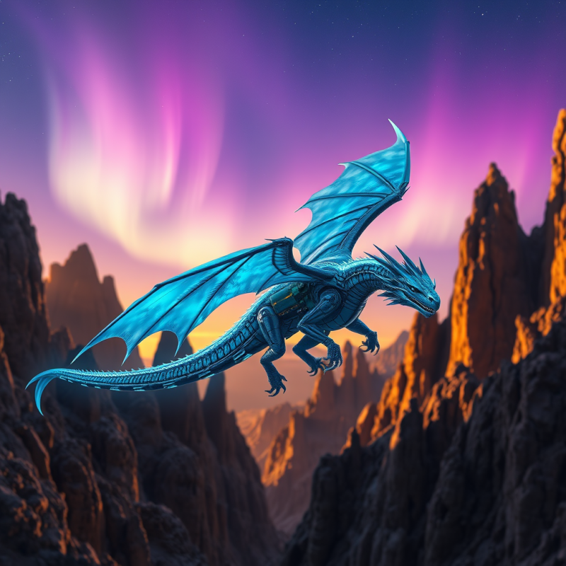 Biomechanical Dragon with Iridescent Blue Scales and Pu...