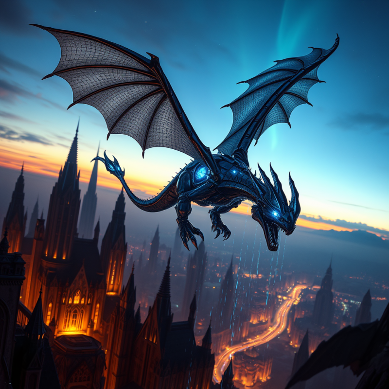 Biomechanical Dragon with Iridescent Silver-scaled Wing...