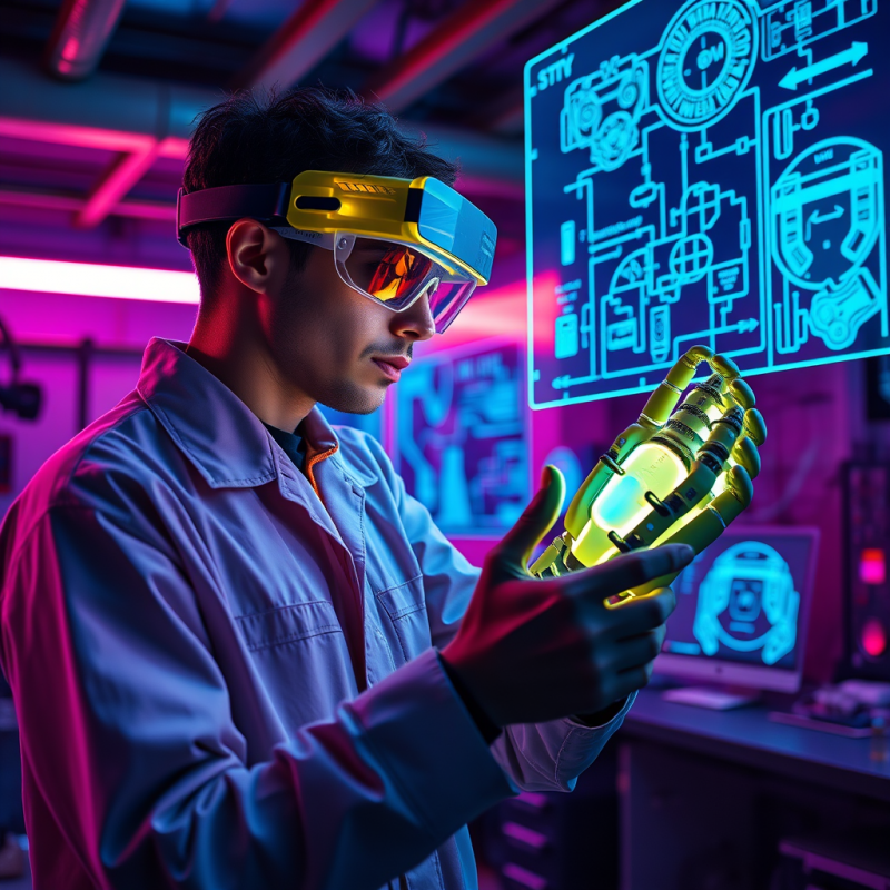 Biomechanical Engineer in a Neon-lit Underground Lab