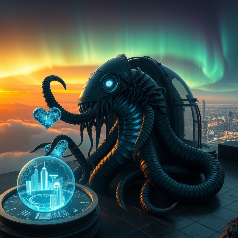 Biomechanical Kraken with Glowing Azure Veins and Obsid...