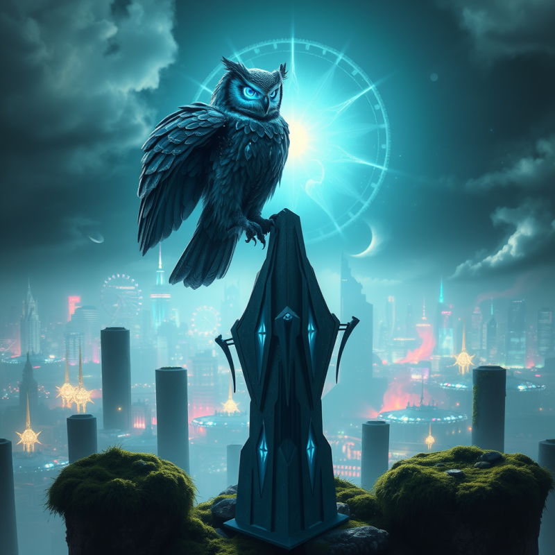 Biomechanical Owl with Crystalline Feathers Perches Ato...