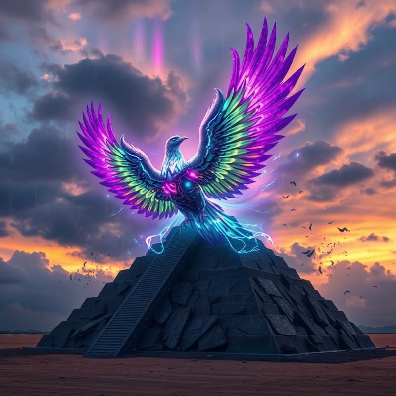 Biomechanical Phoenix with Crystalline Feathers and Neo...