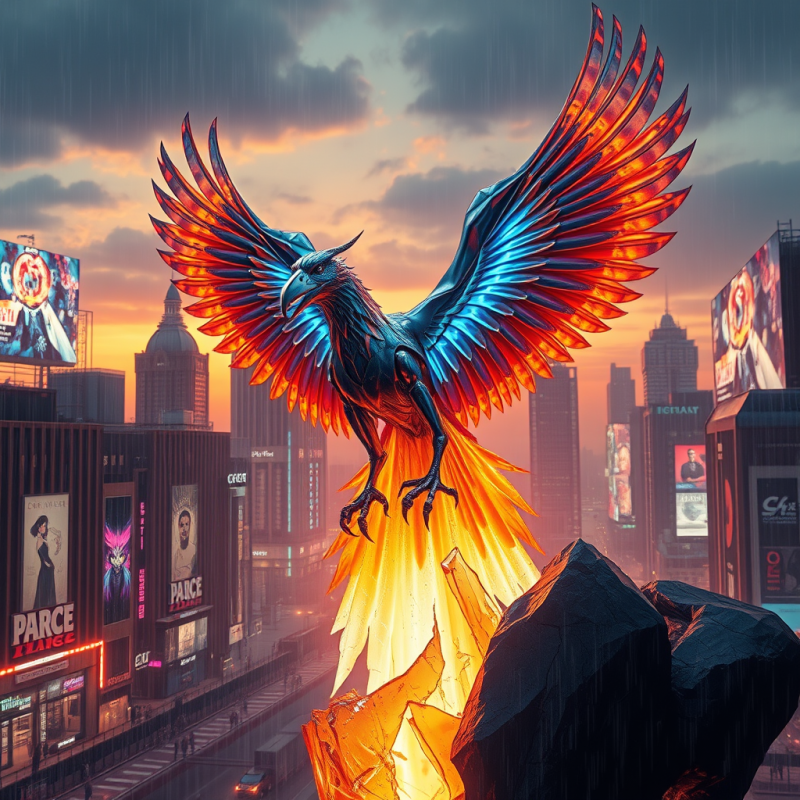 Biomechanical Phoenix with Iridescent Chrome Feathers A...