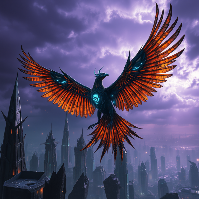 Biomechanical Phoenix with Iridescent Copper and Obsidi...