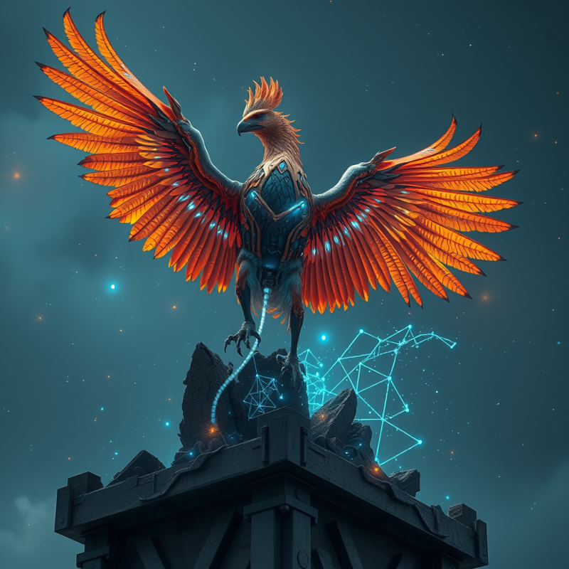 Biomechanical Phoenix with Iridescent Copper Feathers A...