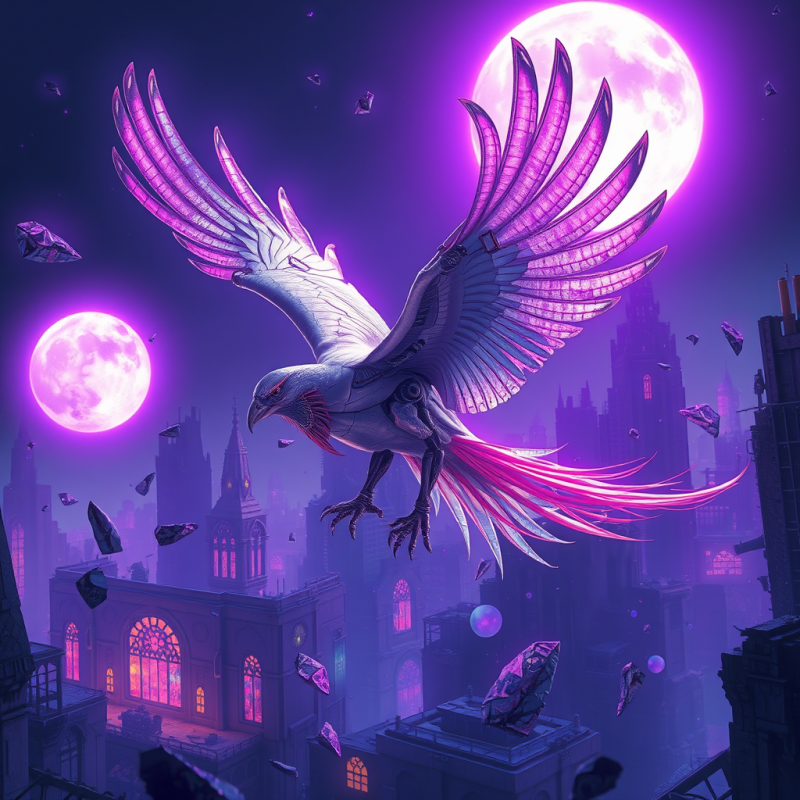 Biomechanical Phoenix with Iridescent Silver Feathers A...