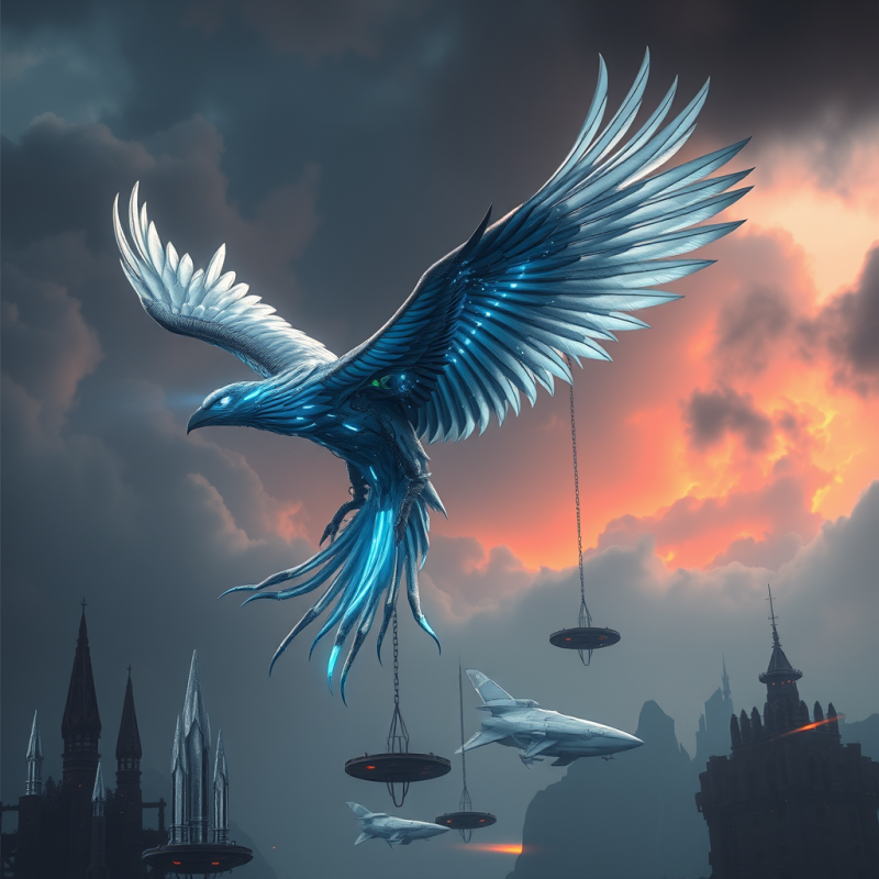 Biomechanical Phoenix with Iridescent Silver Feathers A...