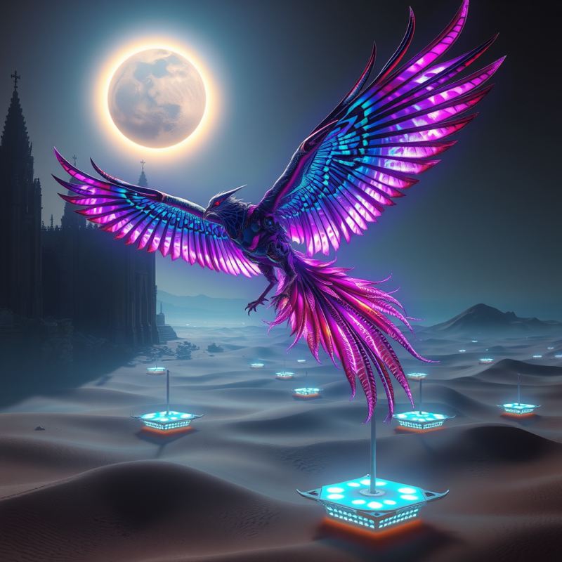 Biomechanical Phoenix with Iridescent Steel Feathers Bu...