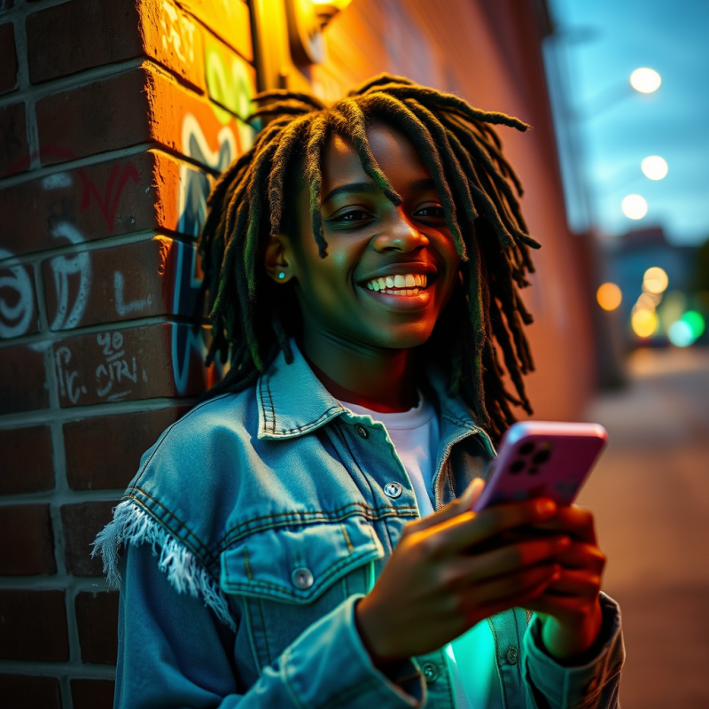 Biracial Teenager with Neon Green Dreadlocks and a Fray...