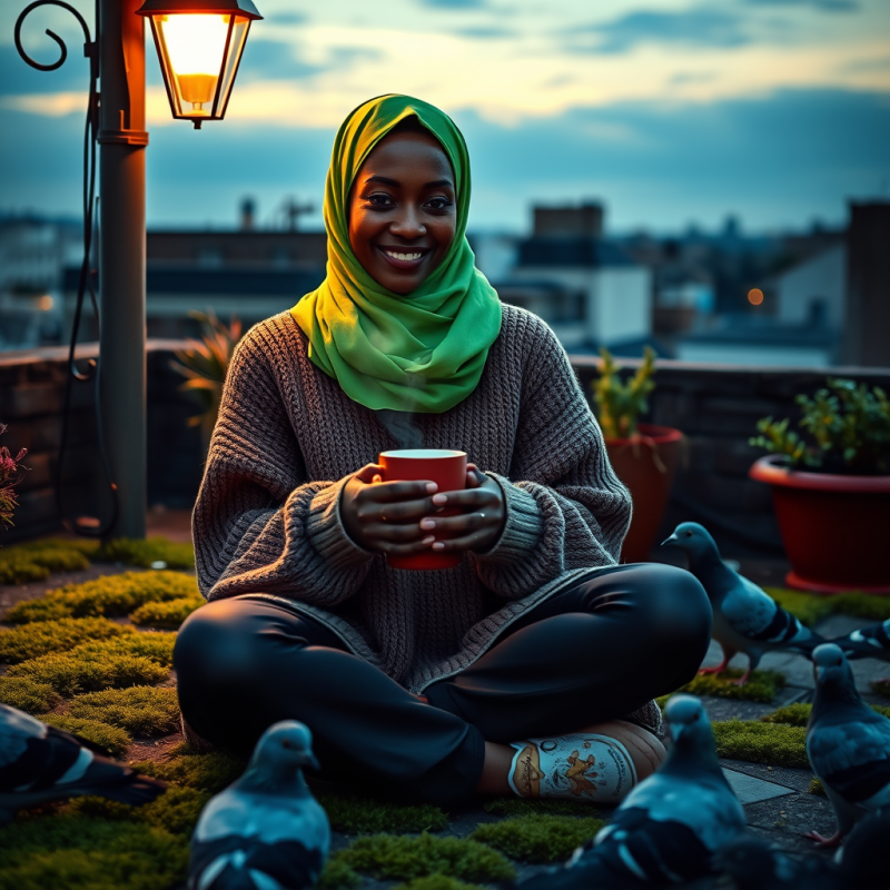Biracial Woman in a Vibrant Neon-green Hijab and Oversi...