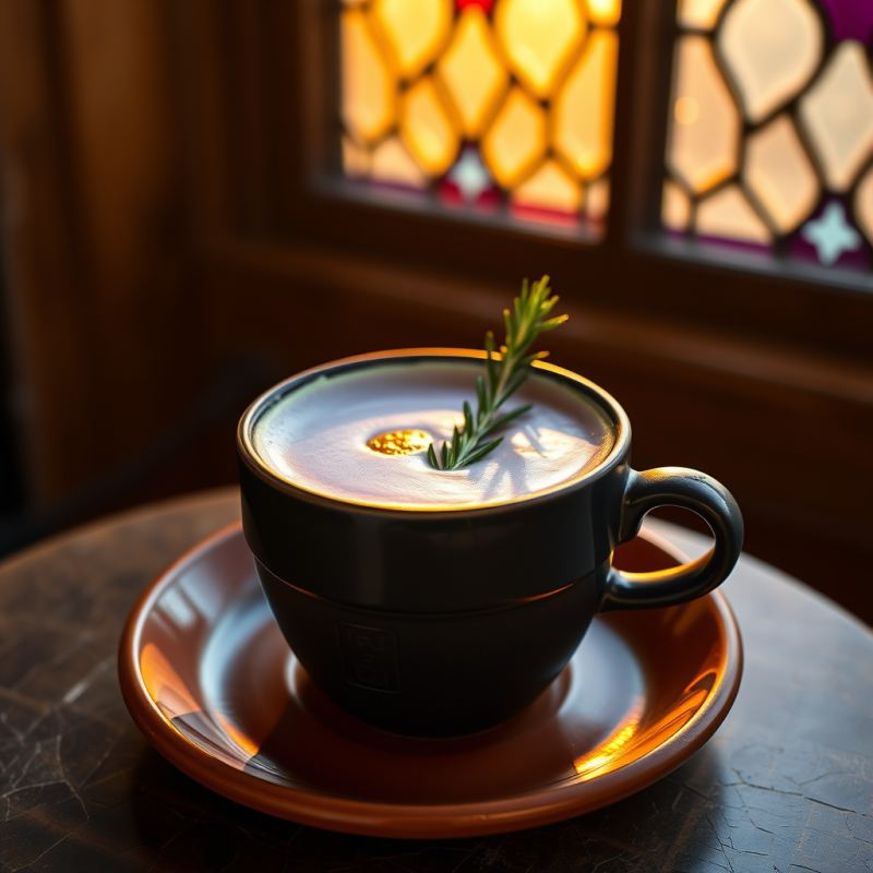 Black Ceramic Cup of Latte Topped with Rosemary,