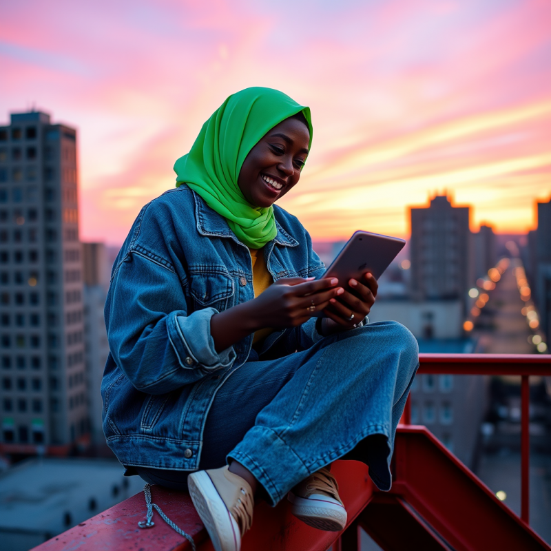 Black Woman in a Neon-green Hijab and Oversized Thrifte...