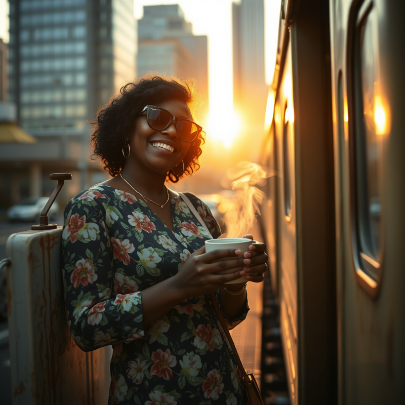 Black Woman in a Vintage 1970s-style Floral Dress and O...