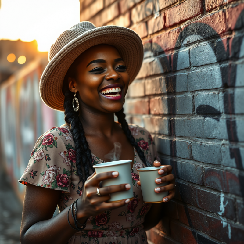 Black Woman in a Vintage Floral Dress and Oversized Kni...