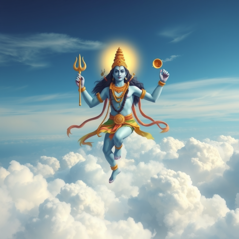 Blue-skinned Hindu God Shiva Flying Amidst Clouds