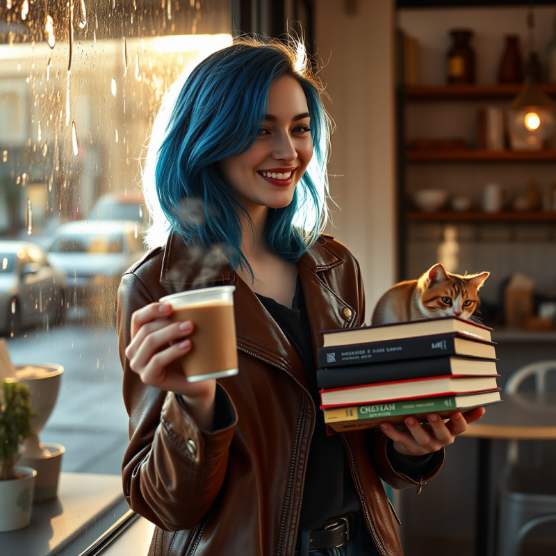 Candid Midday Shot of a Young Woman with Vibrant Blue H...
