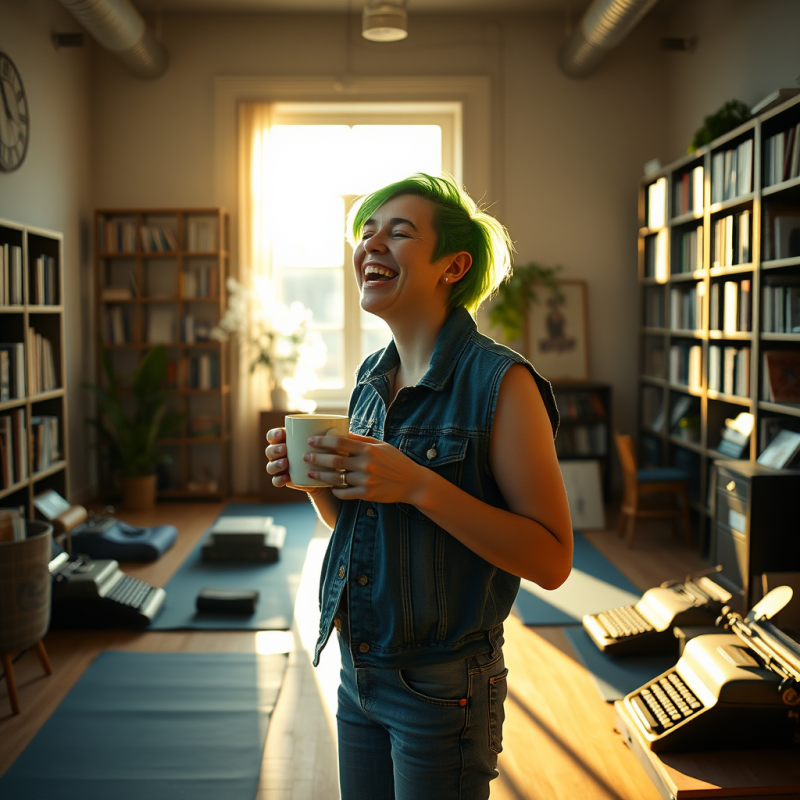 Candid Shot of a Non-binary Person with Neon Green Hair...