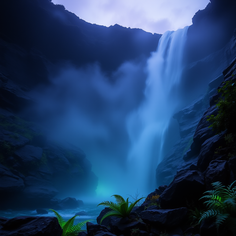 Cascading Waterfall in a Volcanic Crater at Twilight