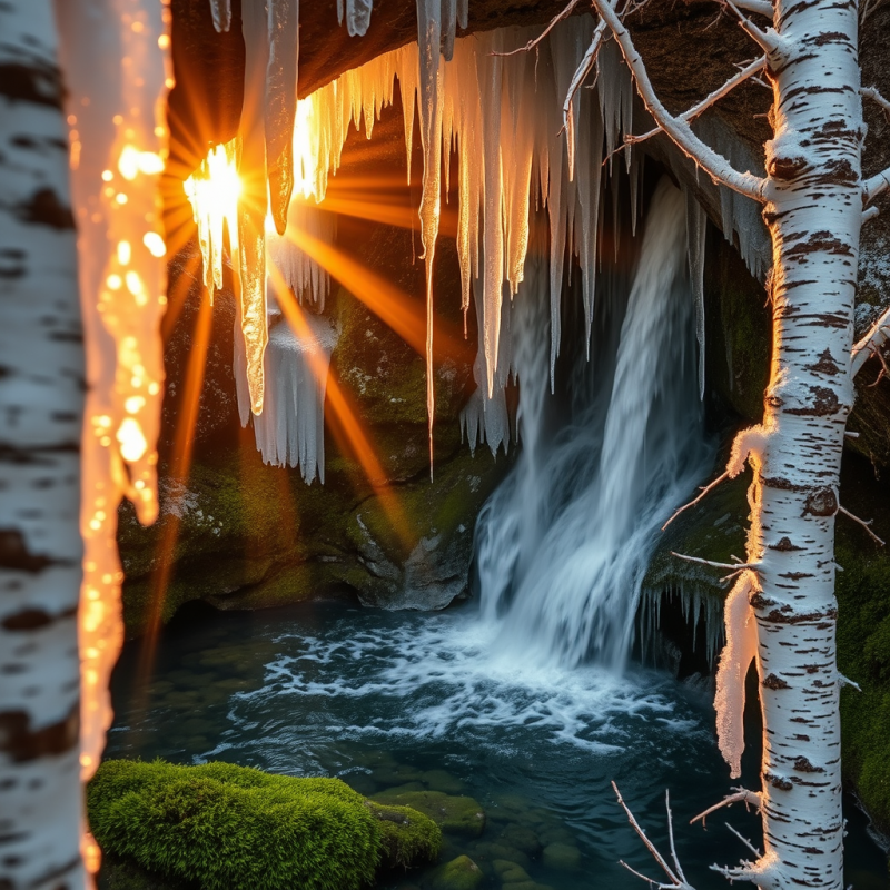 Cascading Waterfall Plunges Into a Moss-covered Pool Bene...