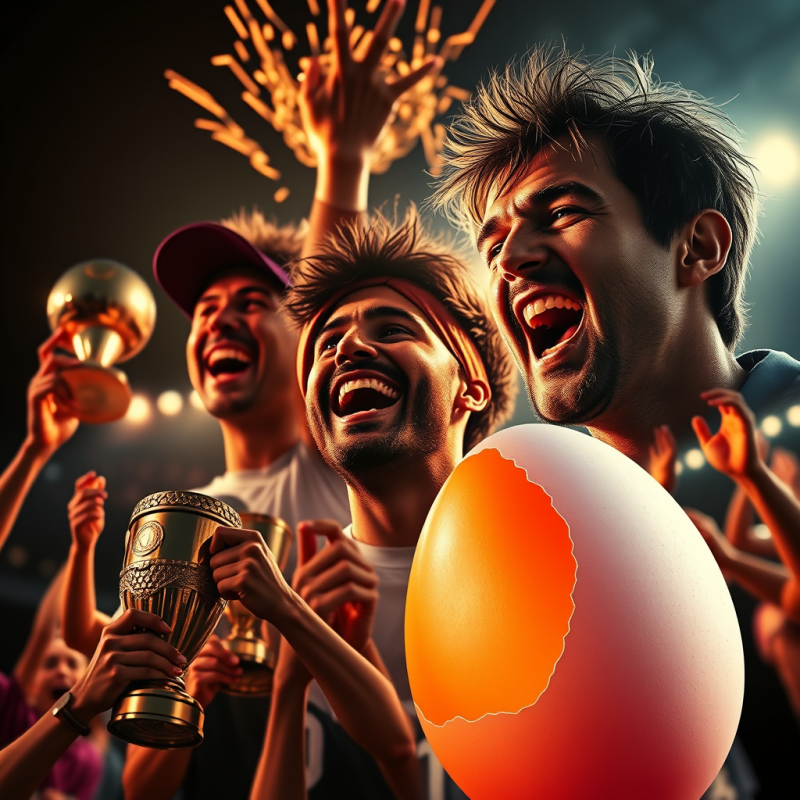 Celebrating Fans with Trophy and Egg