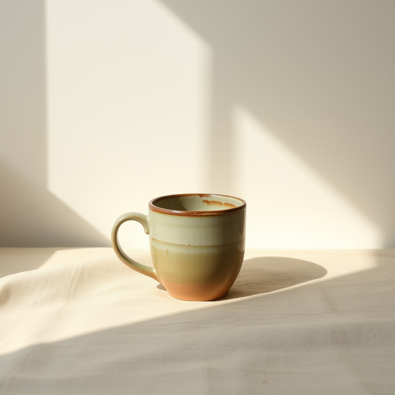 Ceramic Mug with Gradient Glaze Rests on a Linen