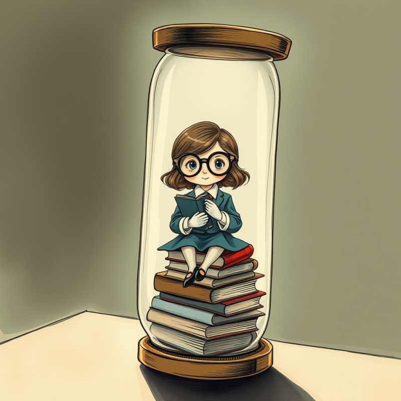 Charming Cartoon Girl with Glasses Sits Atop a Stack