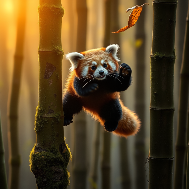 Charming Red Panda Leaps Between Bamboo Stalks