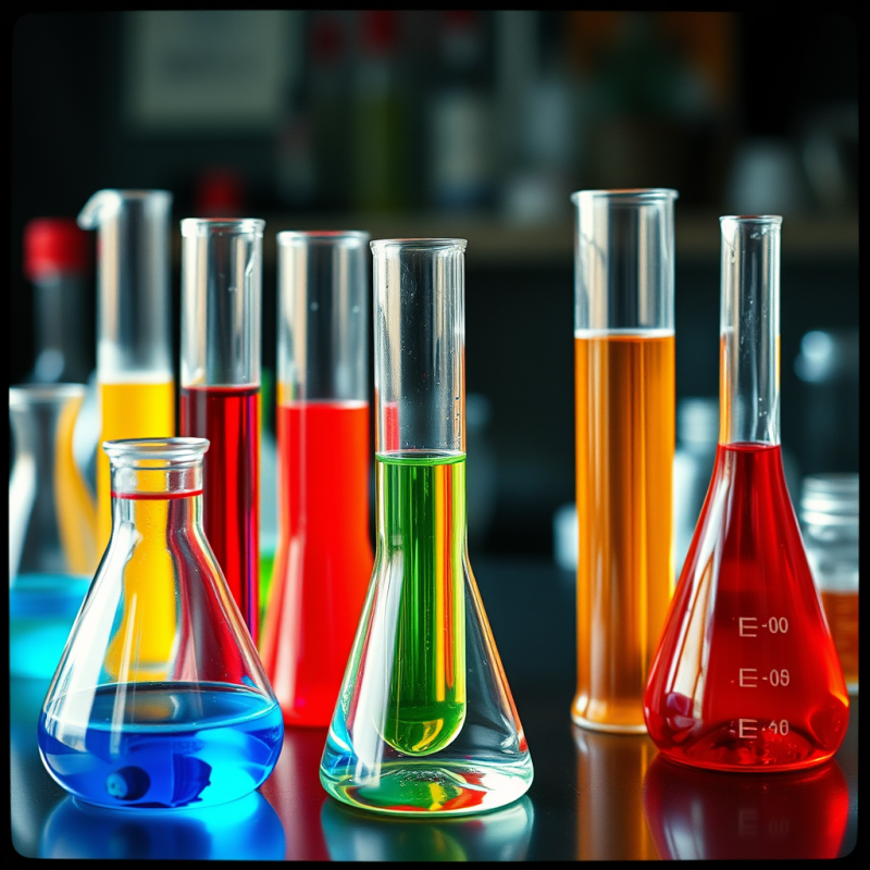 Chemistry Experiment with Colorful Liquids in Beakers