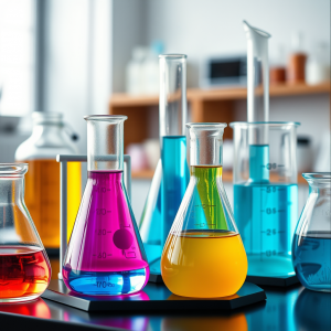Chemistry Experiment With Colorful Liquids In Beakers