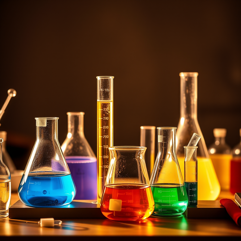 Chemistry Experiment with Colorful Liquids in Beakers
