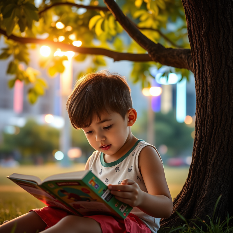 Child Reading Book Under Tree Outdoor Learning Summer