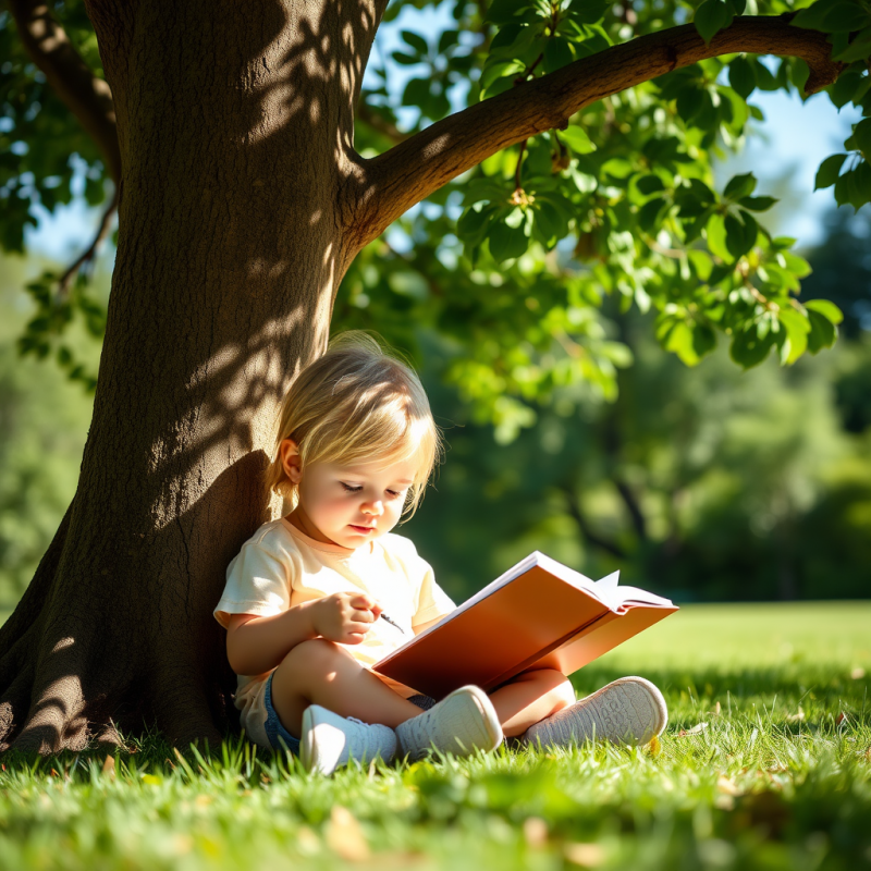 Child Reading Book Under Tree Outdoor Learning Summer