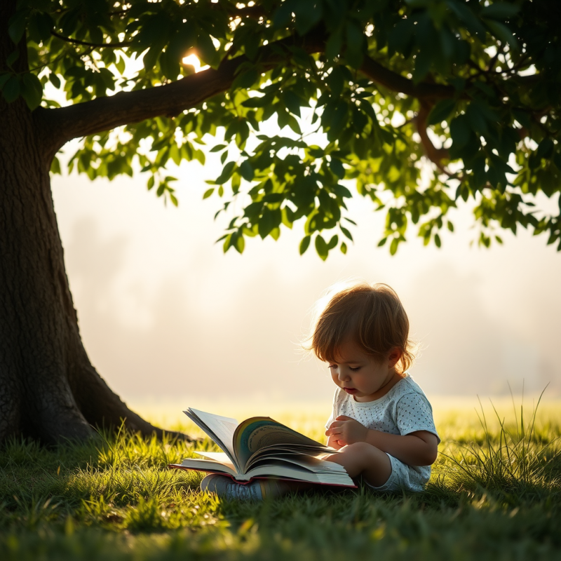 Child Reading Book Under Tree Outdoor Learning Summer