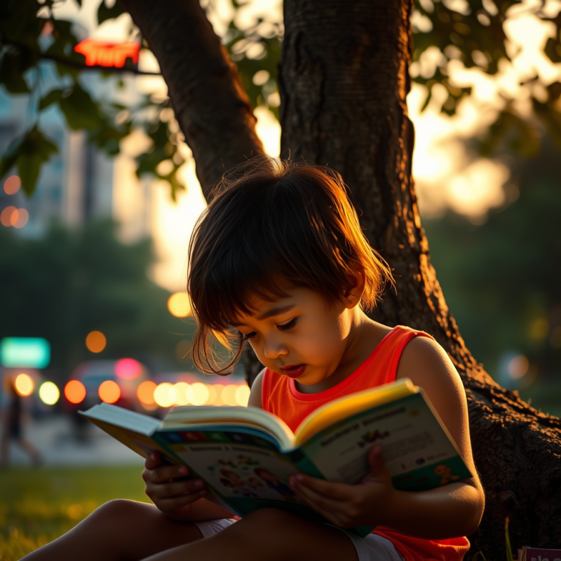 Child Reading Book Under Tree Outdoor Learning Summer