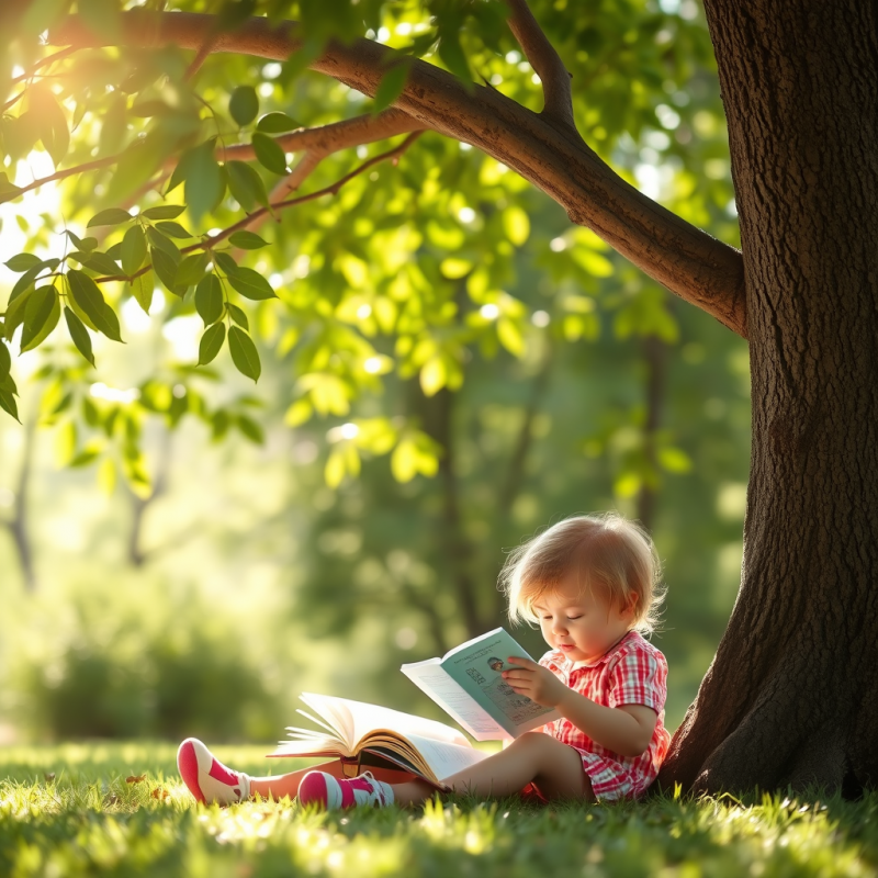Child Reading Book Under Tree Outdoor Learning Summer