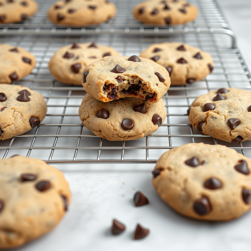 Chocolate Chip Cookies Fresh Baked on Cooling Rack