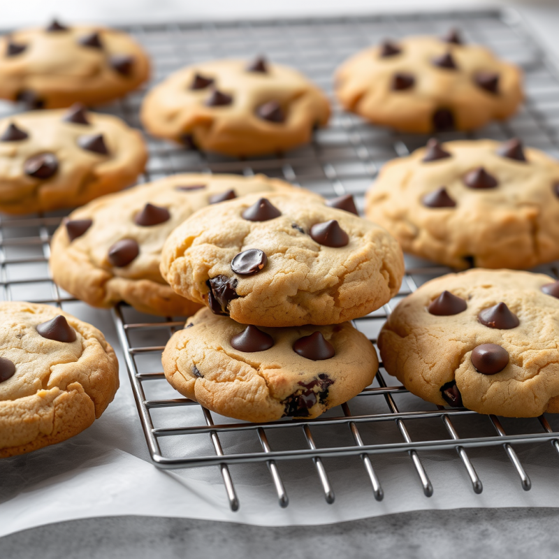 Chocolate Chip Cookies Fresh Baked on Cooling Rack