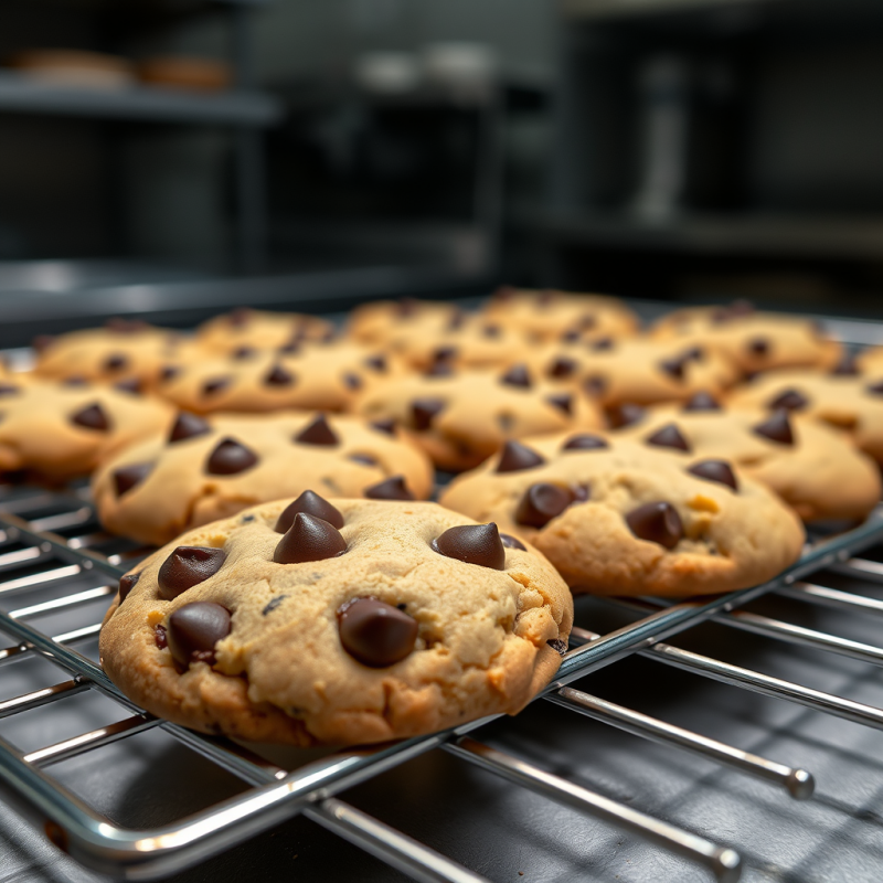 Chocolate Chip Cookies Fresh Baked on Cooling Rack