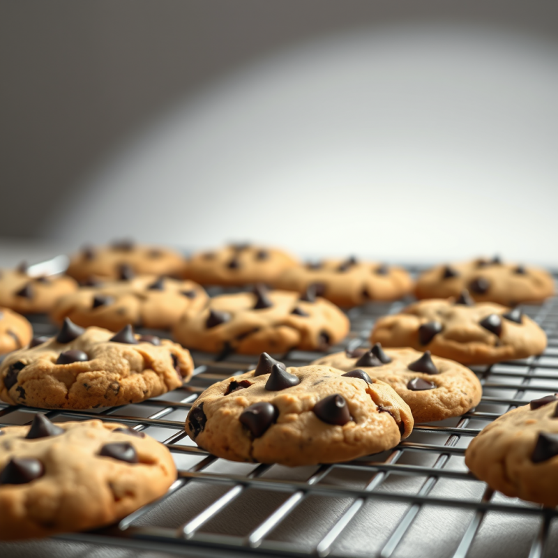 Chocolate Chip Cookies Fresh Baked on Cooling Rack