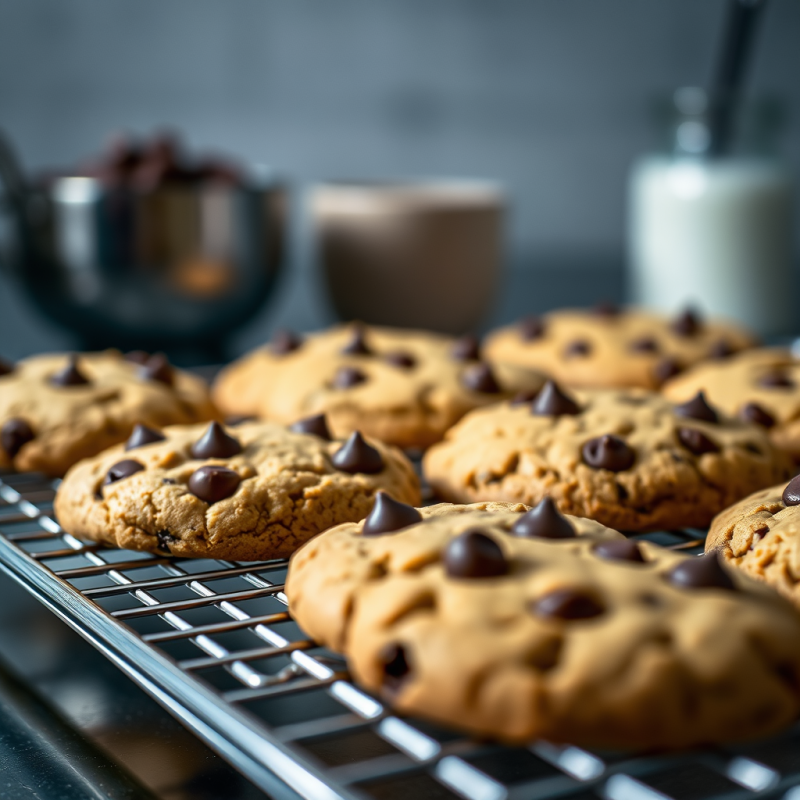 Chocolate Chip Cookies Fresh Baked on Cooling Rack