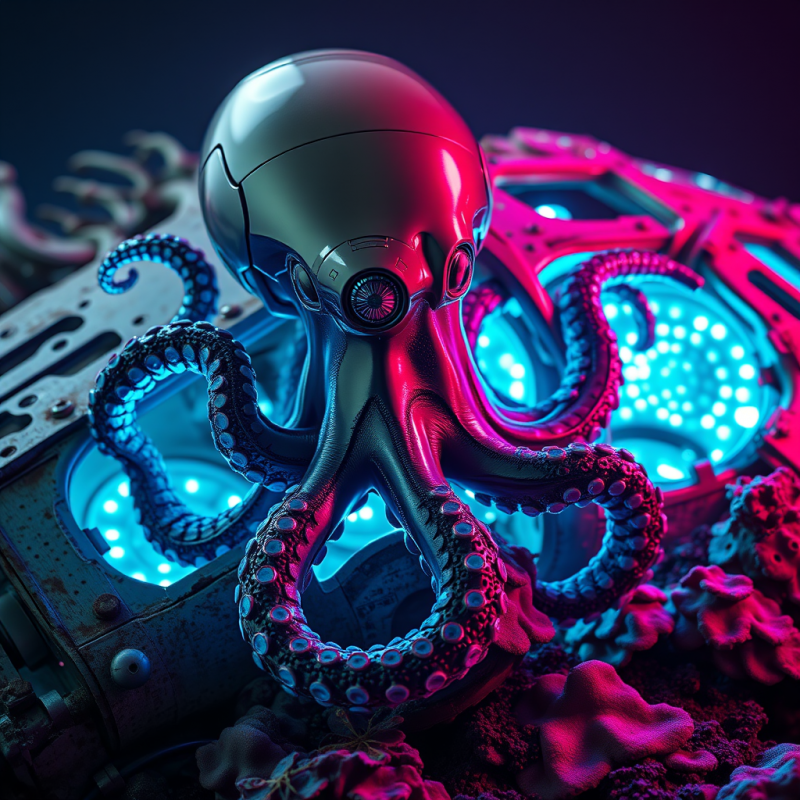 Chrome-plated Biomechanical Octopus with Pulsing Neon-b...