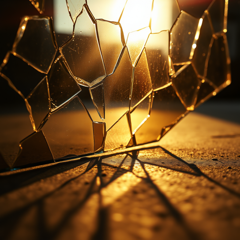 Cinematic Low-angle Shot of a Fractured Obsidian Glass Su...