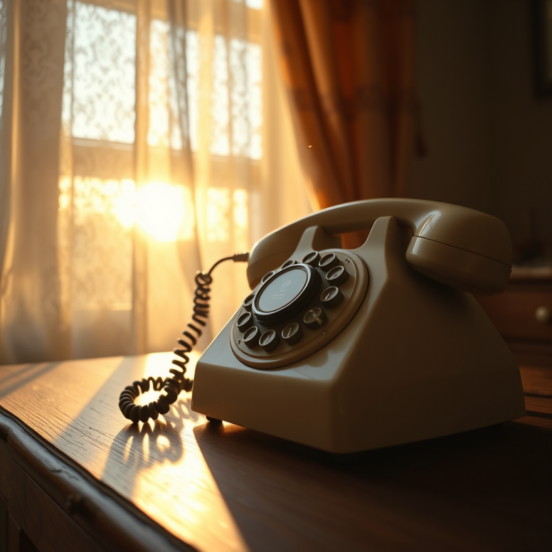 Classic Beige Rotary Telephone Rests on a Wooden