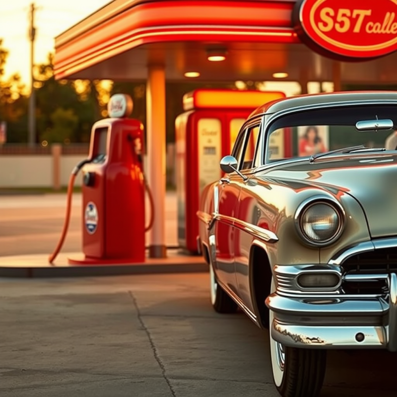 Classic Car at Gas Station 1950s Americana