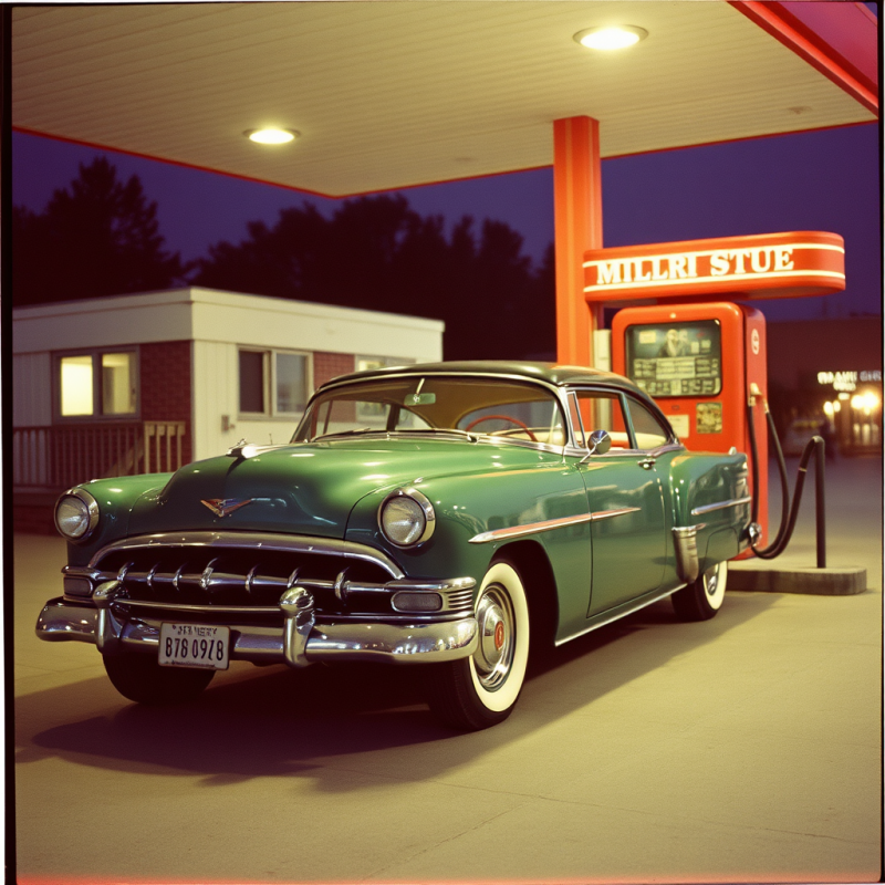 Classic Car at Gas Station 1950s Americana