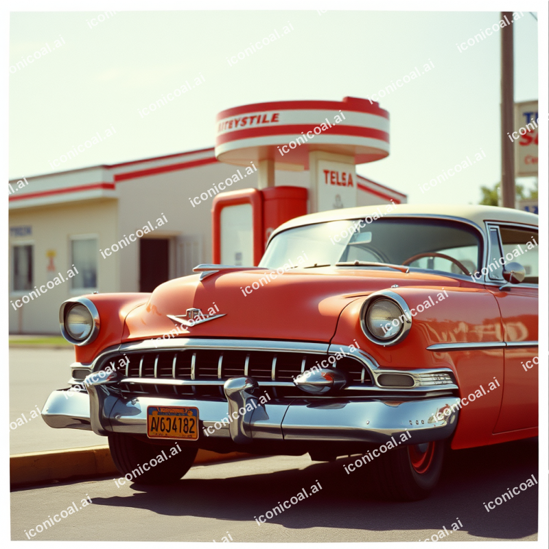 Classic Car At Gas Station 1950s Americana