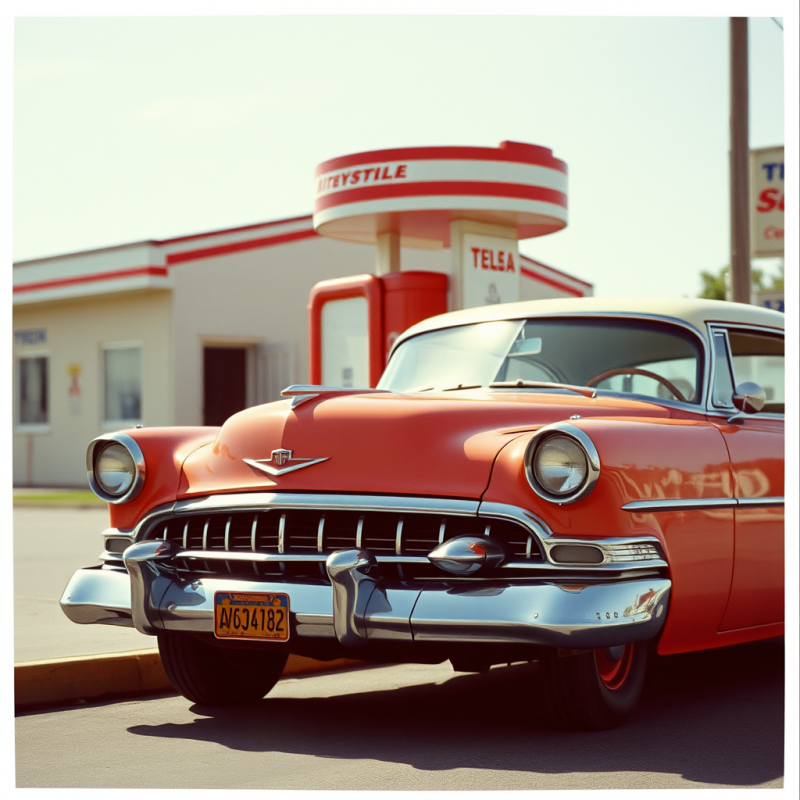 Classic Car at Gas Station 1950s Americana