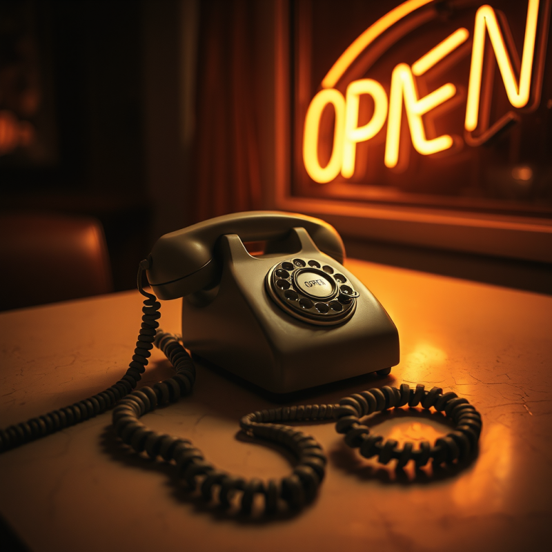 Classic Rotary Telephone Rests on a Wooden Counter