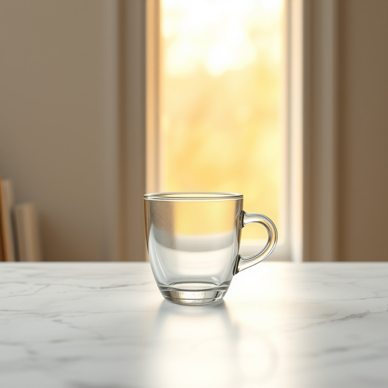 Clear Glass Mug Sits on a White Marble Surface,