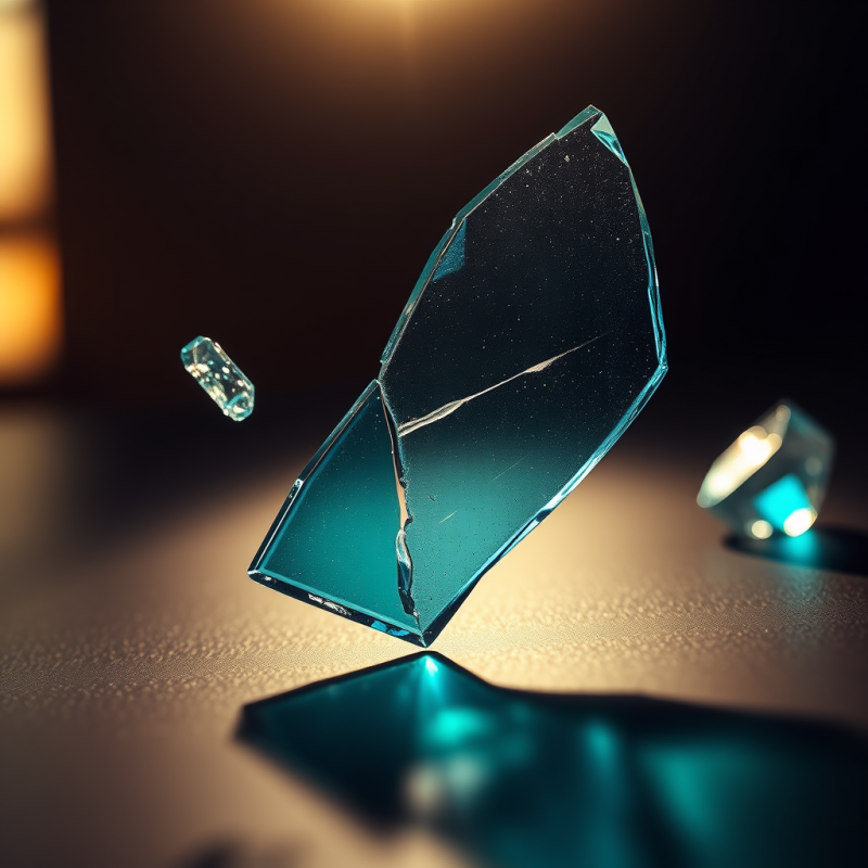 Close-up Abstract View of Fractured Glass Shards Suspen...